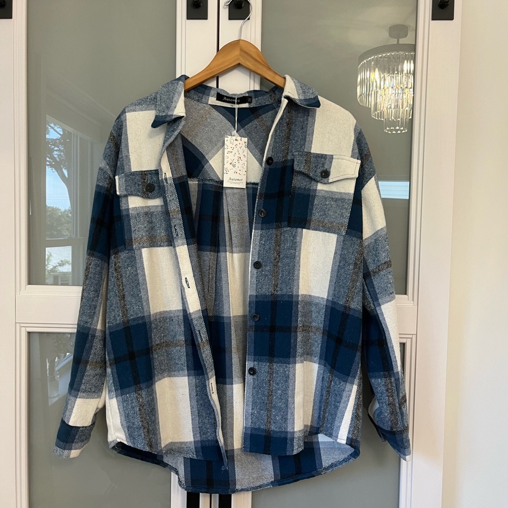 Blue and White Plaid Button-Up Shirt